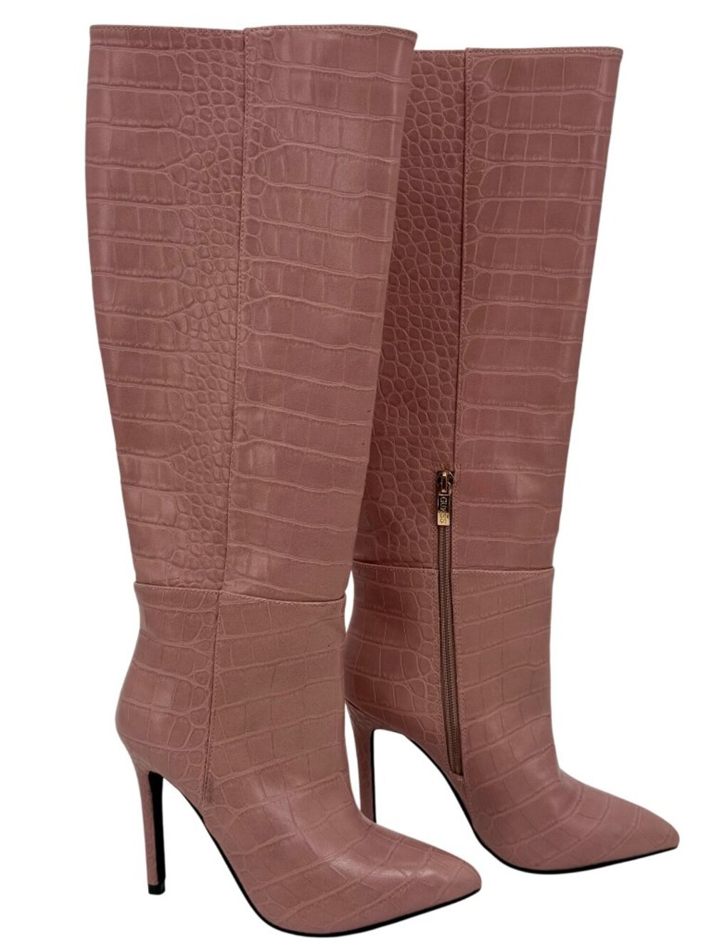 Guess Pink Vegan Croc Pointed Toe Knee High Stiletto Boots | Sexy Baddie Barbie - Picture 8 of 16